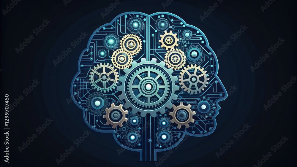 Poster brain composed of interconnected gears and circuits, symbolizing technology and intelligence. intric