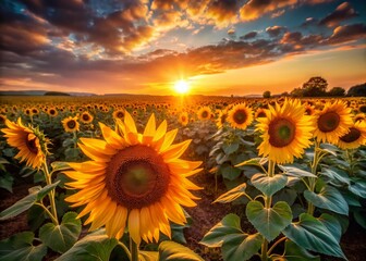 Fototapeta premium Stunning Sunset over a Sunflower Field - Vibrant Agricultural Landscape Photography