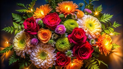 Obraz premium Stunning Top View Night Photography of a Florist-Arranged Bouquet: Roses, Chrysanthemums & Leaves Isolated on White