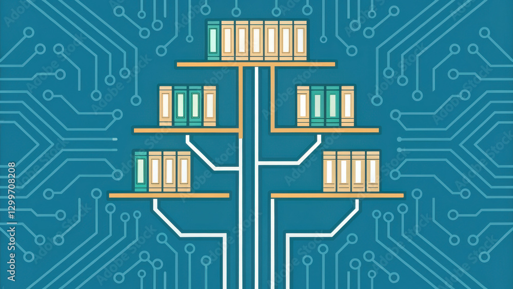 Poster circuit board design featuring pathways shaped like bookshelves, symbolizing connection between tech