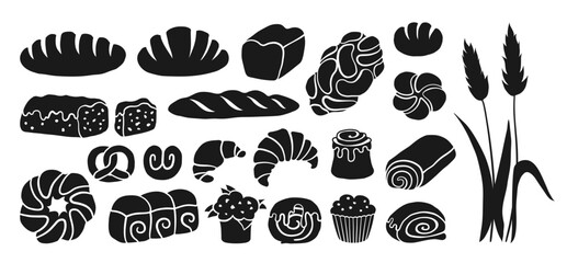 Bread and pastry bakery products simple symbol set. Various loaf bun roll, muffin, French baguette and croissant wheat rye bread. Menu bakery pastry collection silhouette vector cartoon illustration