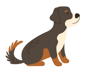 Dog cartoon character illustration for kids. Friendly cute Bernese Mountain Dog sits. Funny childish adorable domestic pet animals isolated on white background. Comic simple vector art for children