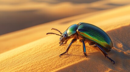 Fototapeta premium Metallic green beetle on golden sand dunes at sunset in desert.