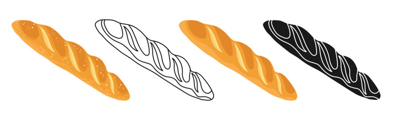 French Baguette bread baking bread icon set. Hand drawn loaf baked pastry wheat different styles doodle outline silhouette cartoon set. For bakery grocery branding menu recipe books pastries vector