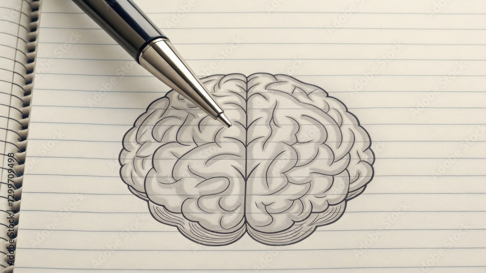 Poster close up of pen sketching brain diagram in notebook, showcasing creativity and thought processes. intricate details of brain illustration highlight complexity of human cognition