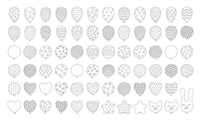 Fototapeta premium Patterned Balloons doodle set illustration. Linear various shaped and patterns balloons. Cartoon design perfect for party. Birthday celebration festivities decorations, card, celebrate vector kids art