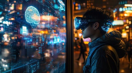Man uses VR headset, viewing futuristic digital brain interface on city screen.