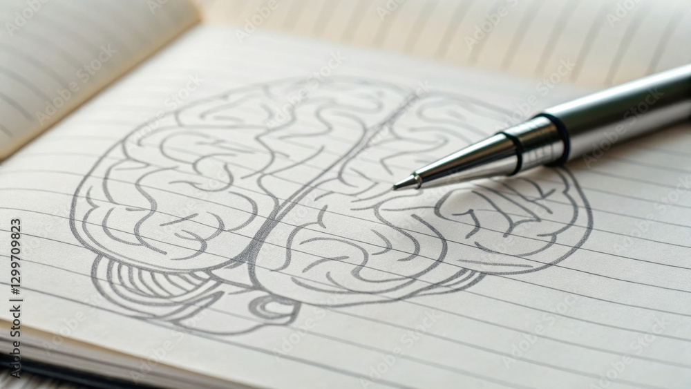 Poster close up of pen sketching brain diagram in notebook, showcasing creativity and thought processes. in