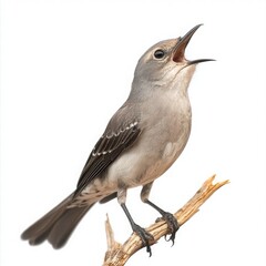 Gray bird singing on a dried branch with open beak in soft light