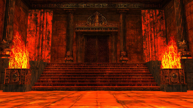 Fiery Temple Entrance with Burning Pillars