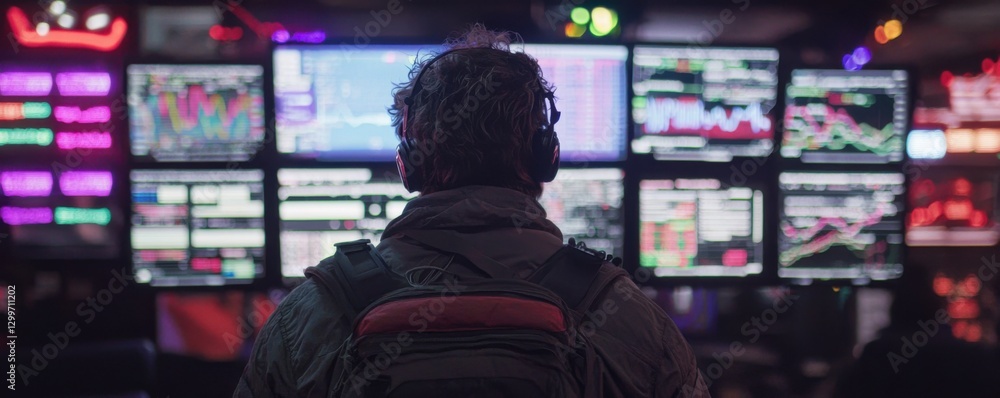 Aufkleber a person watches multiple screens displaying data and charts, immersed in an analytical environment 