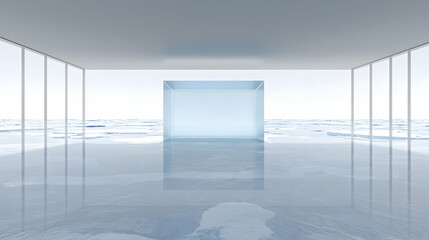 Modern Minimalist Room Interior with Glass Box and Reflective Floor