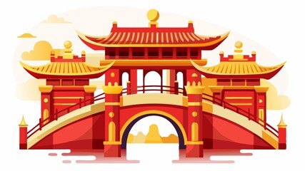 A detailed view of the ancient bridge reveals the intricate details of its design, the vibrant red and gold decorations, and the tranquil beauty of the surrounding landscape, creating a high-quality