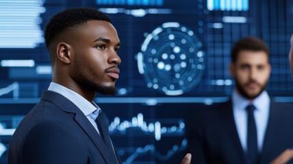 A professional man in a suit discusses data insights, with a digital interface displaying graphs and analytics in the background.