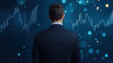 A man in a suit stands facing a digital background of graphs and glowing circles, suggesting themes of finance and technology.
