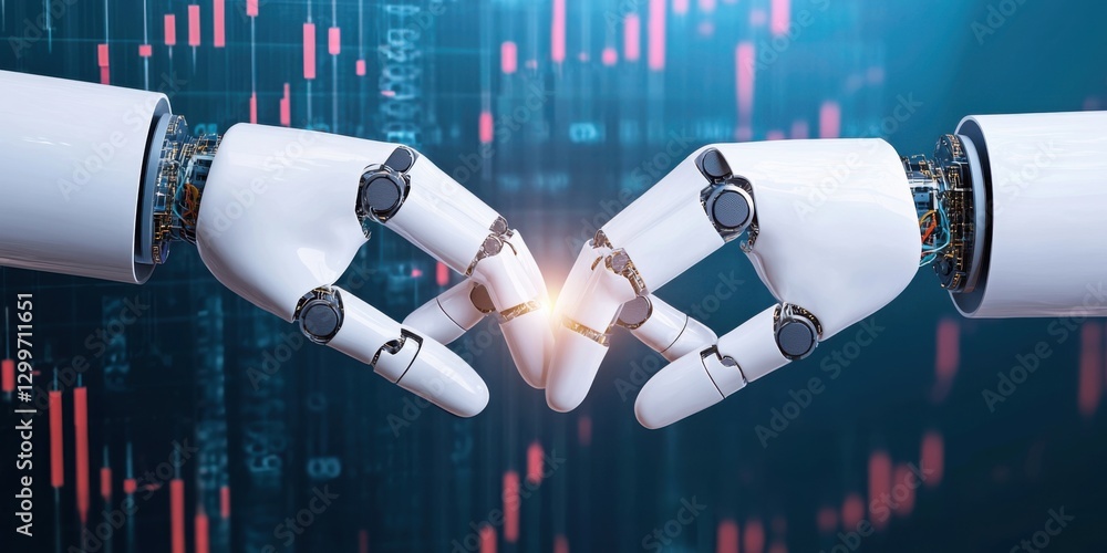 Poster two robotic hands are reaching toward each other, creating a spark, symbolizing connection and advan