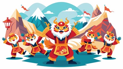 Fototapeta premium The majestic peaks of a scenic mountain range form a breathtaking backdrop to a captivating lion dance performance, where the troupe's skilled movements and vibrant costumes create a powerful and mem