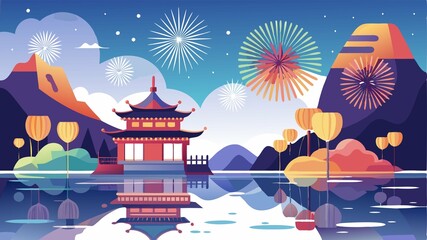 Fototapeta premium The peaceful tranquility of a calm lake is dramatically disrupted—and enhanced—by the brilliant spectacle of a traditional Chinese fireworks display reflected on its surface, creating a stunning and