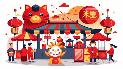 Naklejka premium The energy of a bustling night market is amplified by the festive decorations of red lanterns and the eye-catching displays of Chinese zodiac signs, creating a lively and immersive environment filled