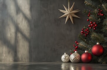 Elegant Christmas Decorations with Red Ornaments, White Baubles, Star Hanging from Green Fir Tree on Gray Background, Warm Festive Cheer in Winter Season