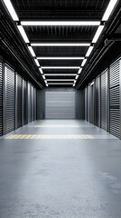 Modern Server Room Corridor with Metal Racks and Bright Lighting