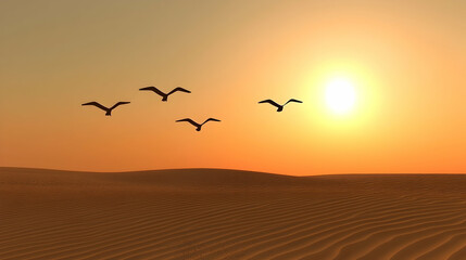 Birds in Flight Over Orange Desert Sunset