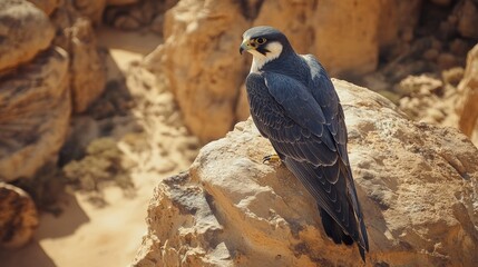 Fototapeta premium Peregrine falcon perched on rocky cliff in desert landscape.