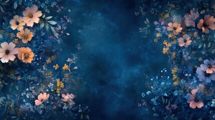 Delicate flowers in soft pastel shades of pink, orange, and blue create a romantic border against a deep blue textured background, offering a dreamy and elegant backdrop