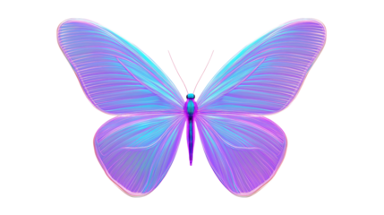 Holographic neon butterfly with iridescent glow and vibrant colors, isolated on transparent background, digital fantasy artwork cutout