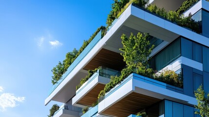 Lush green plants are growing on the balconies of a modern, sustainable building, showcasing eco friendly architecture against a clear blue sky