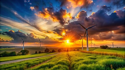 Sunset Landscape with Wind Turbines Generating Clean Green Energy