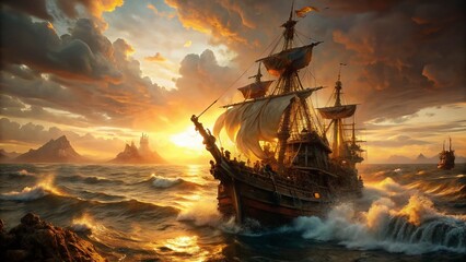 Obraz premium Sunset Pirate Ship at Sea: Dramatic Fashion Photography