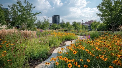 Lush urban green space flourishing with vibrant wildflowers promoting sustainability, eco-friendly urban planning, green spaces, urban renewal, and environmental awareness in urban environments.