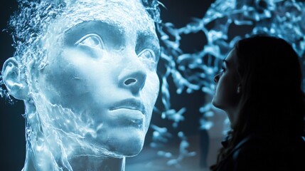 A closeup of a holographic information panel projecting pertinent details about a famous sculpture. The hologram displays biographical data artistic techniques and multimedia elements