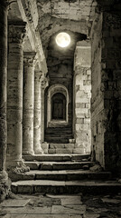 Moonlit Passage Through Ancient Stone Ruins