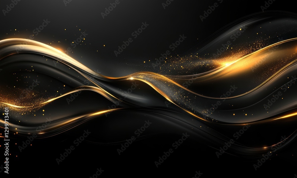 Poster elegant flowing waves of black and gold with sparkling light effects in an abstract design suitable 