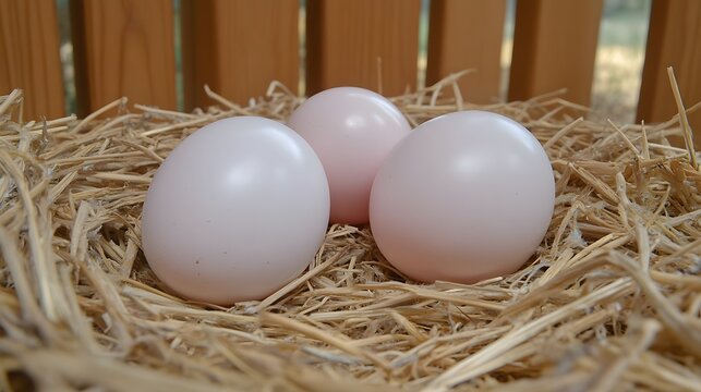 Three Pink Eggs in Hay Nest Rural Setting