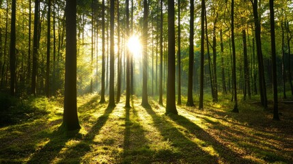 Obraz premium Forest Sunlight Filtering Overview with Filtering with Trees