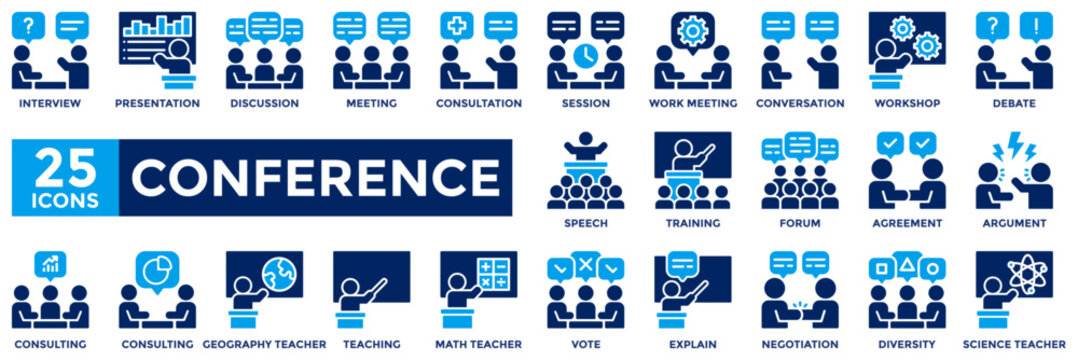 Conference icon collection set. Containing interview, meeting, workshop, discussion, teaching, speech, training icon. Simple flat vector illustration.	
