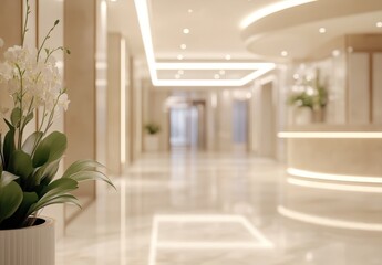 Elegant modern hotel lobby with bright lighting, marble floors, and stylish decoration featuring lush indoor plants and sleek reception desk