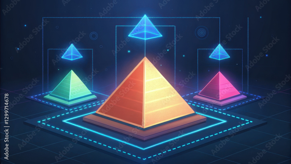 Poster holographic interface projecting 3d pyramids in vibrant colors creates futuristic atmosphere. glowin