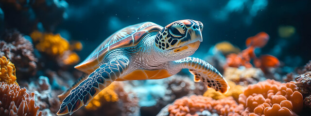 Sea Turtle Underwater with Coral Reefs - Realistic Image