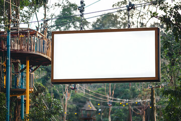 Landscape billboard at an adventure park with zip lines in the background.