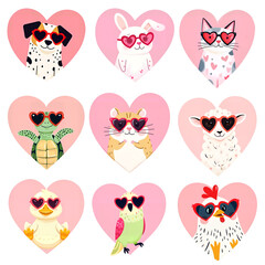 Fototapeta premium collage of a cat, dog, rabbit, parrot, sheep, cock, turtle, rooster, duck in hearts shaped glasses in the frame of heart shape - isolated on white - vector style i