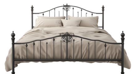 Elegant wrought iron bed with soft bedding for comfortable sleep experience