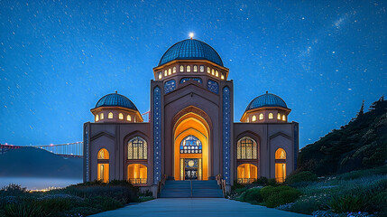 Obraz premium Majestic evening view of a grand architectural structure with domes under a starry sky, showcasing nature