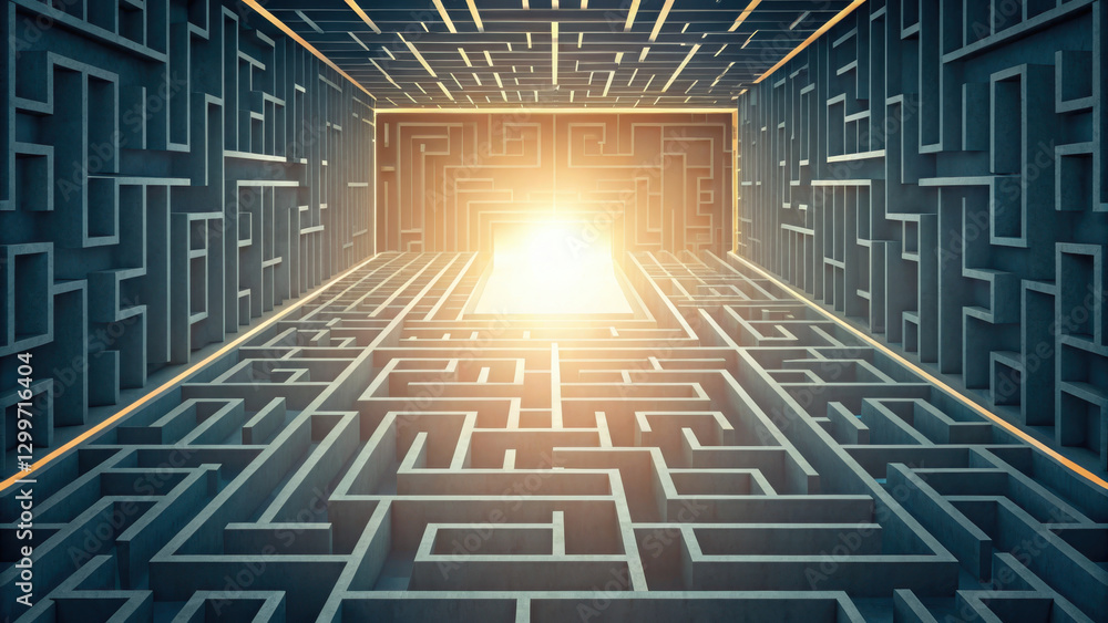 Poster maze with intricate pathways leading to bright light source, symbolizing exploration and discovery. 
