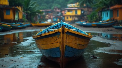 Obraz premium Colorful fishing boat at wet dock in village