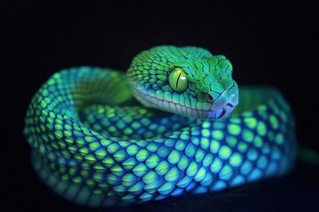 Fototapeta premium Glowing Green Viper Under UV Light with Eerie Bioluminescent Effect