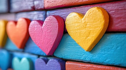 Fototapeta premium Colorful hearts on a vibrant brick wall